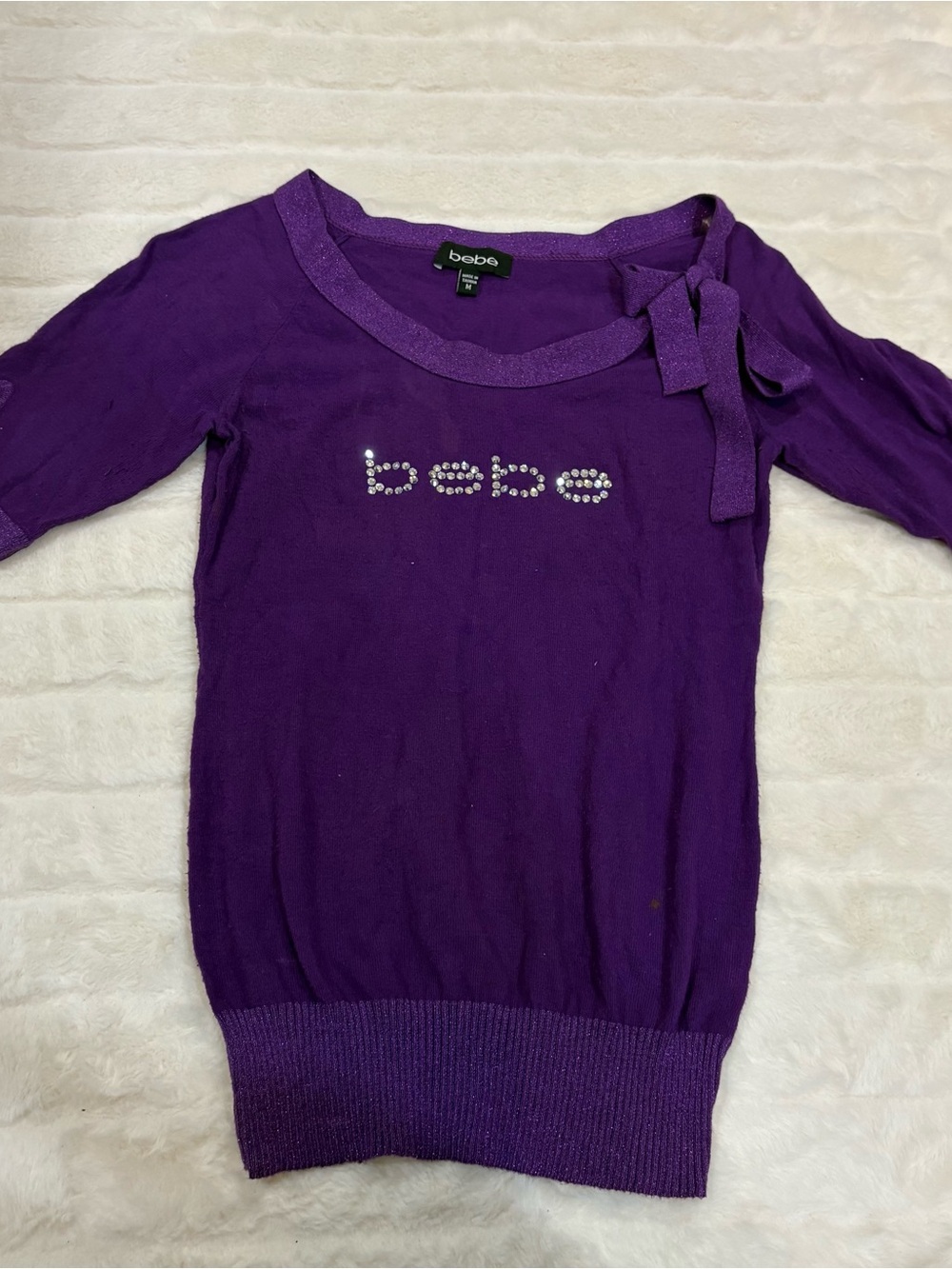 bebe Purple Knit Top with Rhinestone Logo and Shoulder Bow